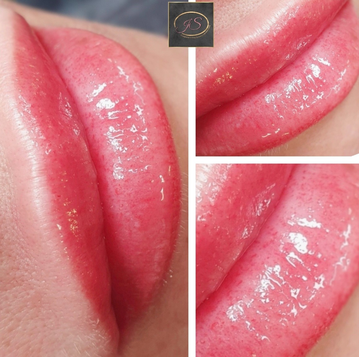 Zbliżenie na usta po zabiegu pigmentacji, ukazujące efekt pełnych, błyszczących ust w odcieniach różu; widoczne detale struktury skóry i precyzyjnego konturu.