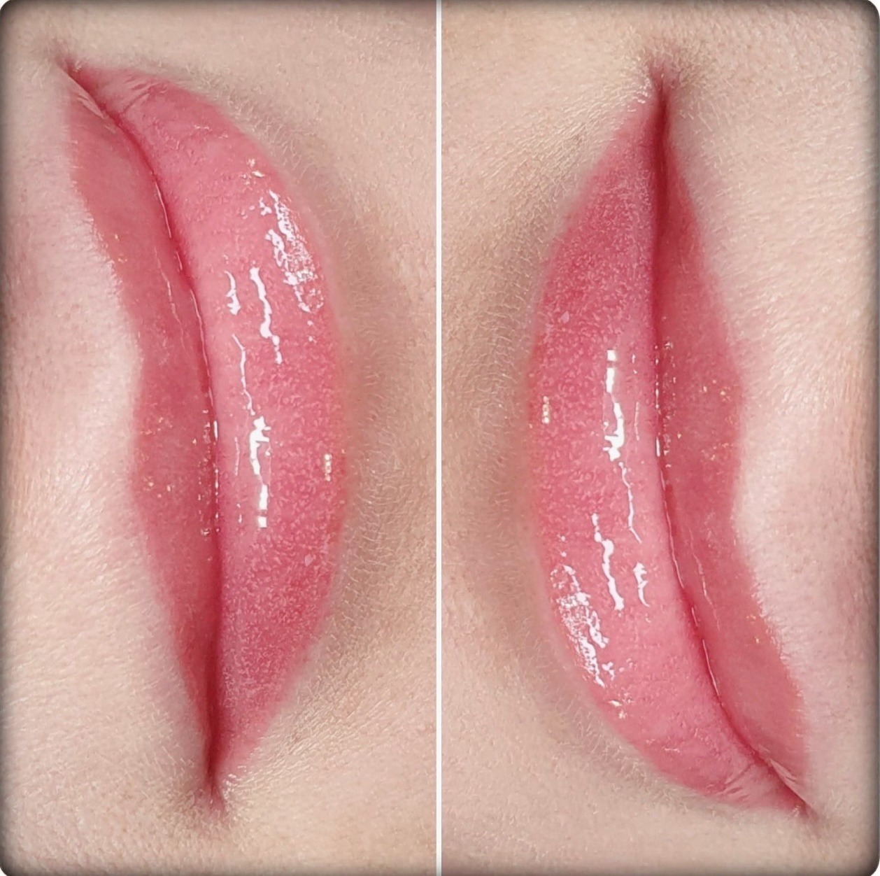Zbliżenie na usta z błyszczącym, różowym makijażem permanentnym, widoczne dwa ujęcia z niewielką różnicą w kącie.