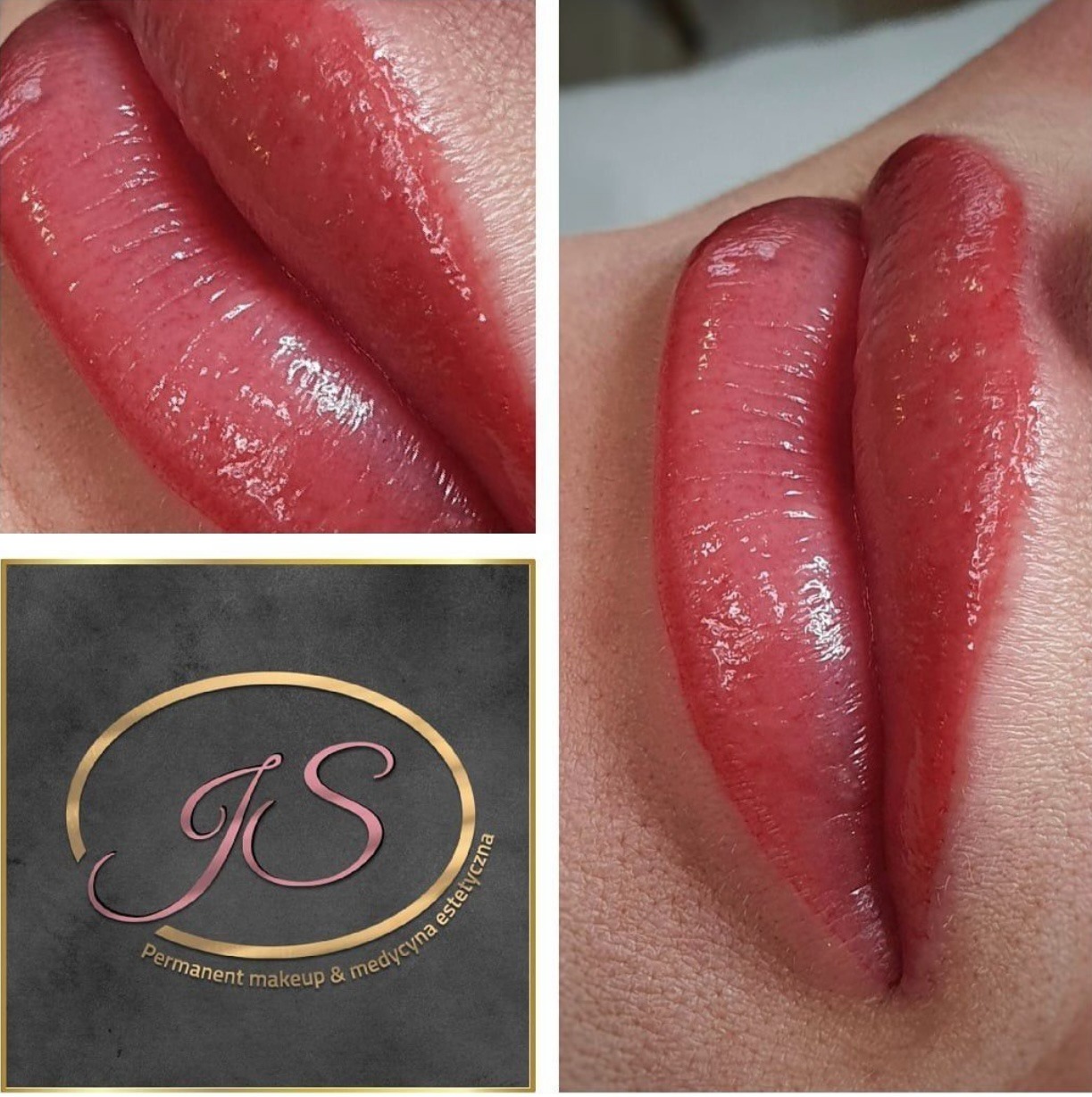 Zbliżenie na usta po zabiegu permanentnego makijażu, z widoczną świeżą pigmentacją i delikatnym połyskiem; w tle logo firmy.