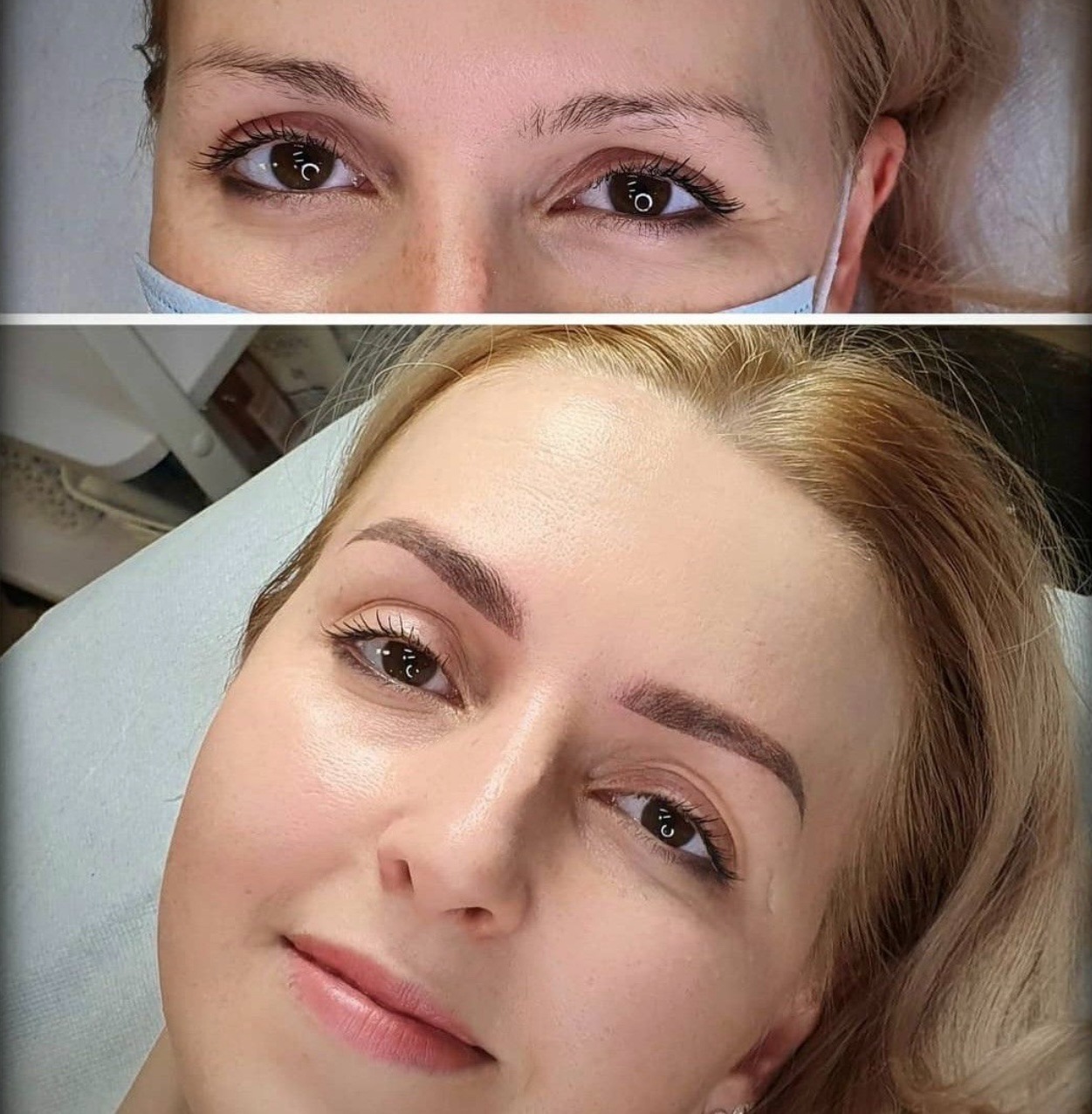 Zdjęcie przedstawia porównanie brwi przed i po zabiegu stylizacji, widoczne różnice w kształcie i gęstości, ujęcie z bliska na twarz kobiety.