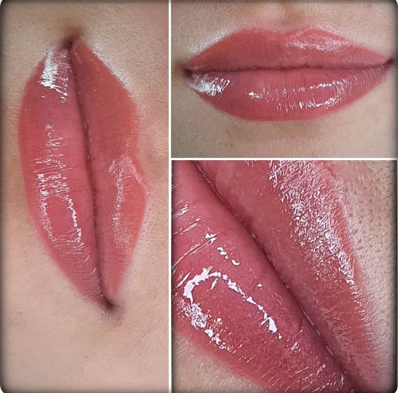 Zbliżenie na usta po zabiegu pigmentacji, widoczne trzy ujęcia: całe usta, zbliżenie na kącik ust i widok z góry, podkreślający połysk i symetrię koloru.