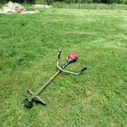 Spalinowa kosa leży na trawie po skończonym koszeniu, w tle widoczny pryzmat ziemi i drzewa.