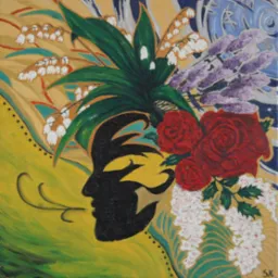 Obraz przedstawia stylizowaną twarz w masce z kwiatami, w tym konwaliami, lawendą i czerwonymi różami, na abstrakcyjnym, kolorowym tle.
