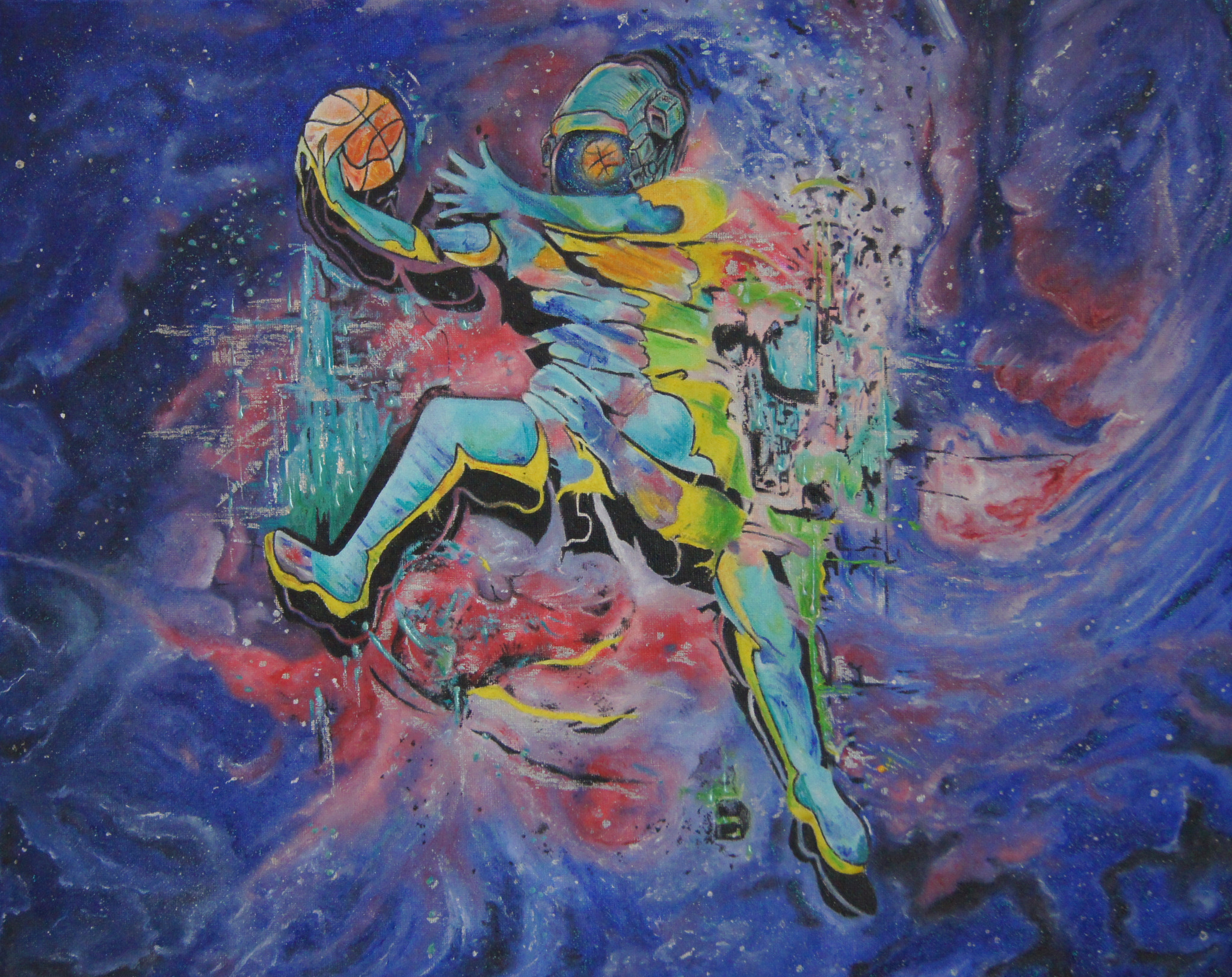 Abstrakcyjne malowidło przedstawiające koszykarza w locie z piłką na tle kosmicznej przestrzeni, wykonane w jaskrawych kolorach z widoczną fakturą farby.