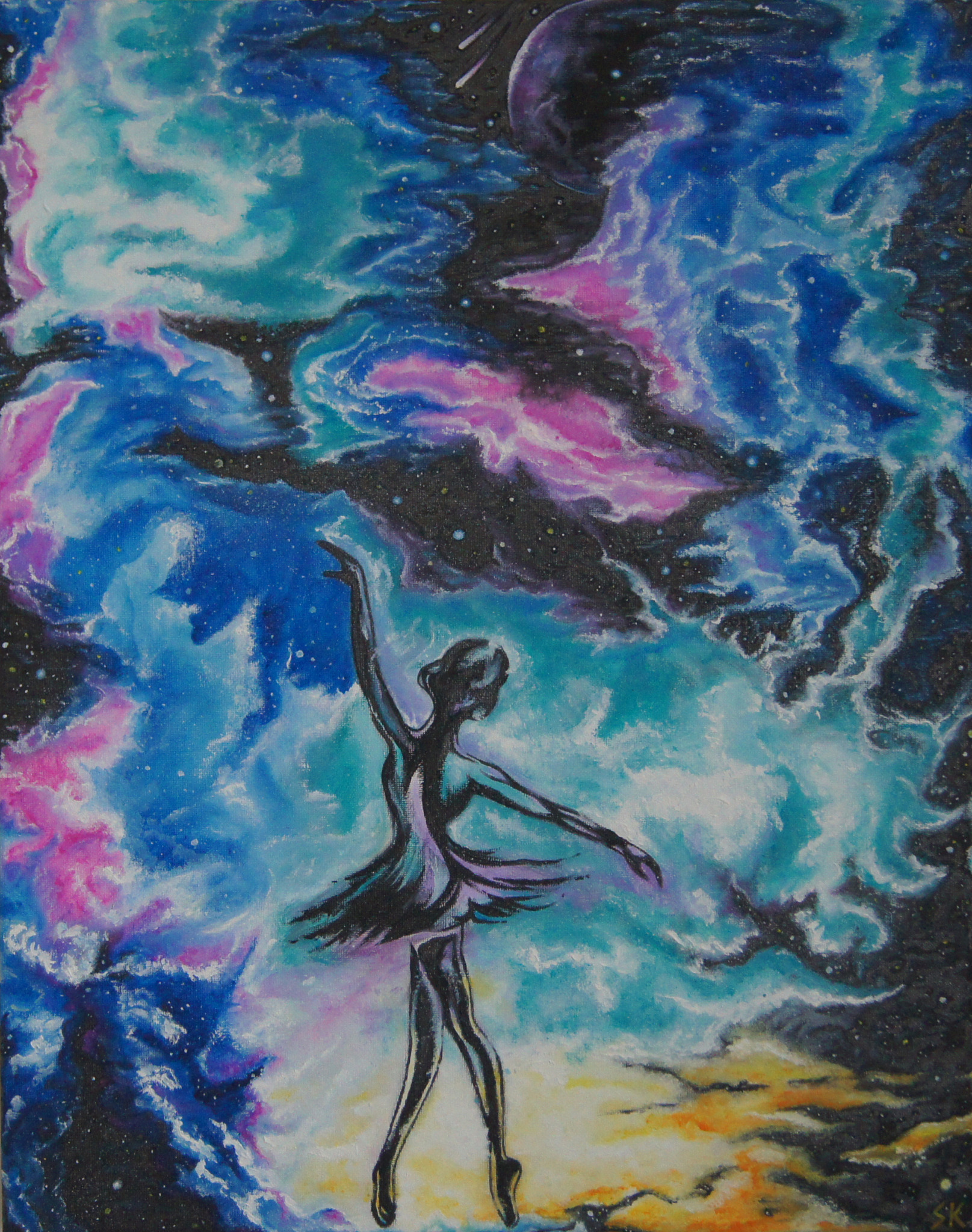 Obraz przedstawia sylwetkę baleriny na tle kosmicznej mgławicy w odcieniach błękitu, różu i fioletu, z widoczną planetą i spadającą gwiazdą w górnej części.