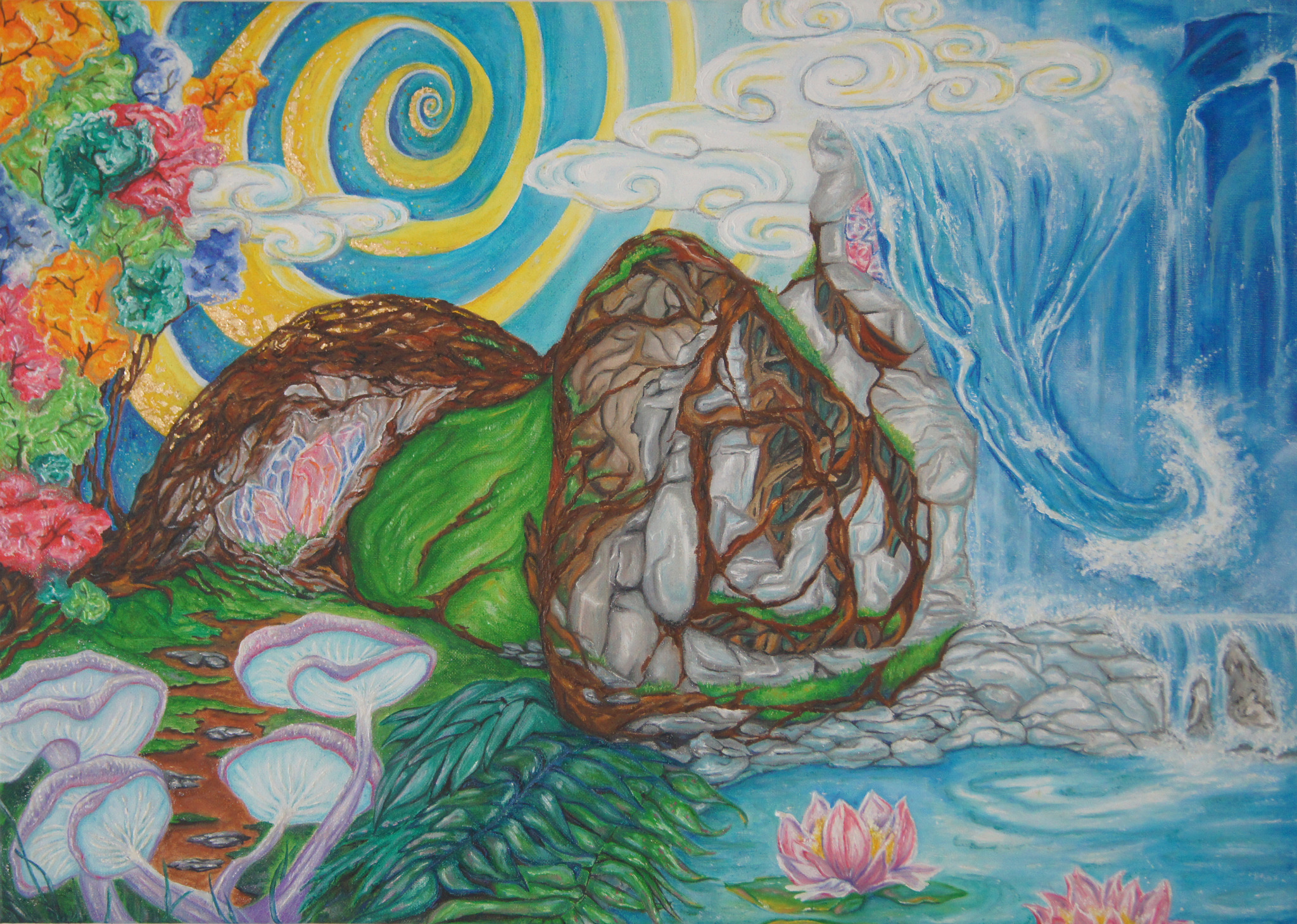 Fantazyjny krajobraz na płótnie przedstawiający wodospad, stylizowane góry, spiralne słońce i świecące grzyby.