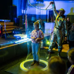 Dziewczynka wewnątrz ogromnej bańki mydlanej, trzymanej przez mężczyznę w srebrnym kostiumie astronauty na scenie z oświetleniem.