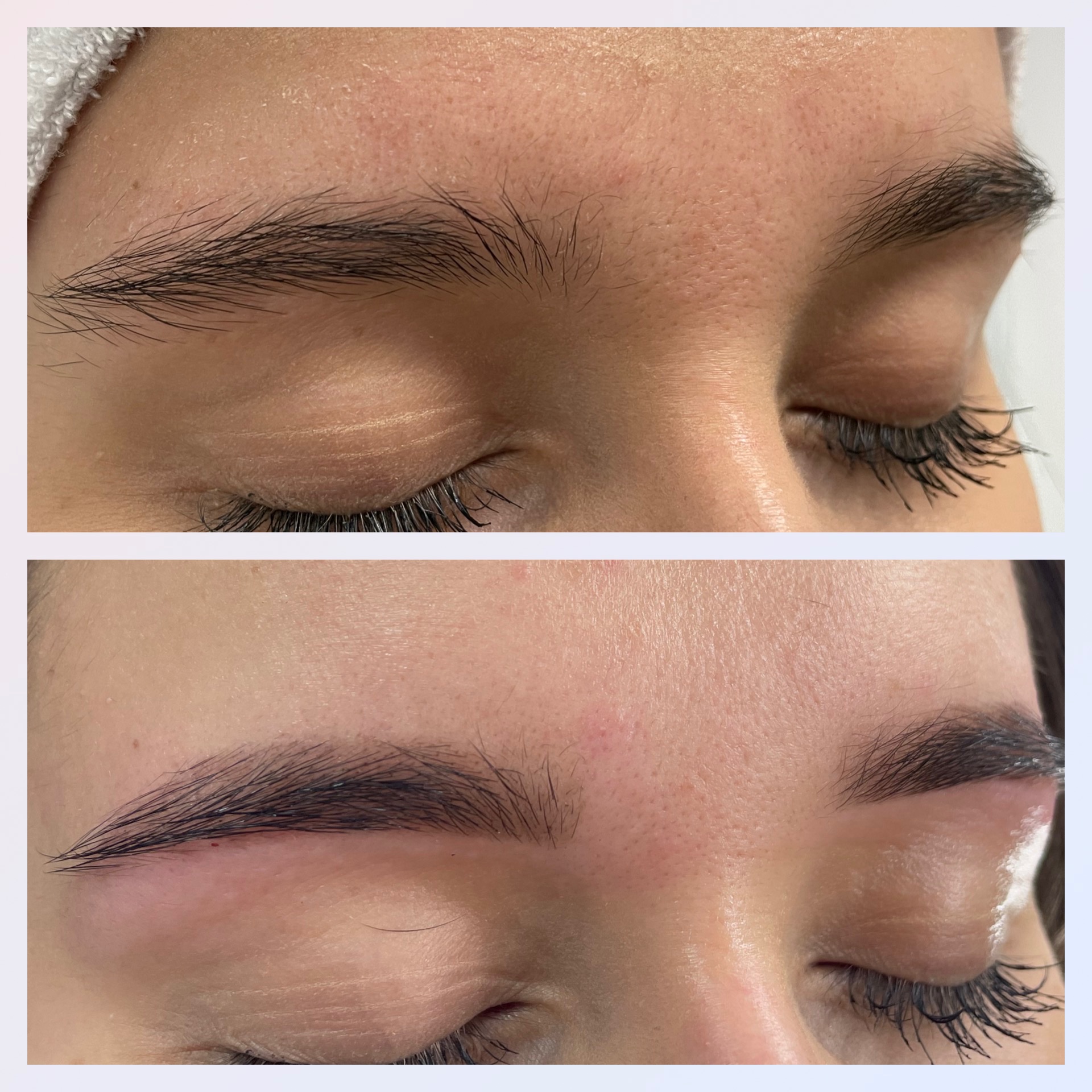 Zdjęcie przedstawia brwi przed i po zabiegu regulacji i farbowania, widoczne różnice w kształcie i kolorze, skóra wokół brwi zaczerwieniona po zabiegu.