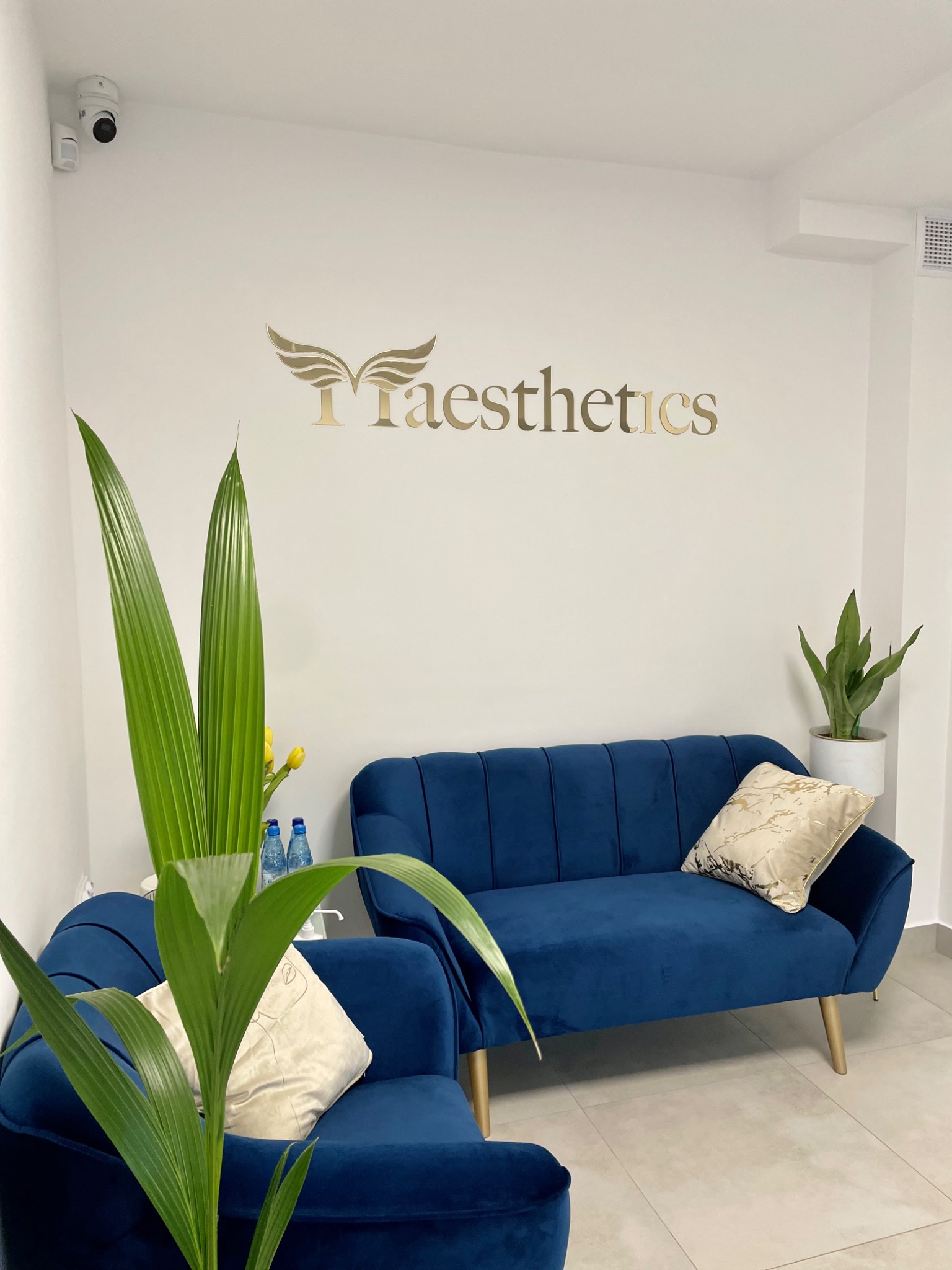 Jasne wnętrze poczekalni z granatowymi welurowymi sofami, złotym logo na ścianie, roślinami doniczkowymi i butelkami wody mineralnej.