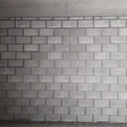 Świeżo wymurowana ściana z szarych bloczków betonowych, widoczna spod sufitu, z ciemniejszymi spoinami i drobnymi resztkami zaprawy na podłodze.