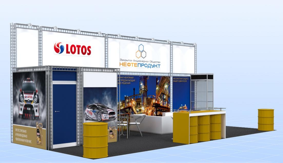 Projekt stoiska targowego z logo Lotos i Нефтепродукт, z grafikami samochodów rajdowych i rafinerii, dekoracyjnymi beczkami w kolorze żółtym.