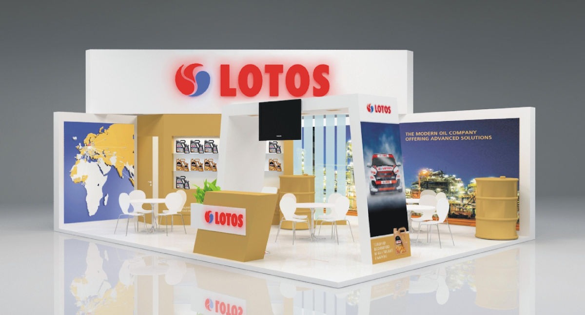 Wizualizacja stoiska targowego marki LOTOS z mapą świata, ekspozycją produktów i ekranem LCD, na błyszczącej podłodze.