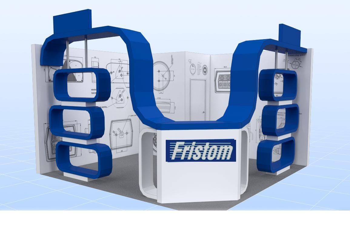 Wizualizacja stoiska targowego w kolorach białym i niebieskim z logo Fristom, na tle białych ścian z technicznymi rysunkami.