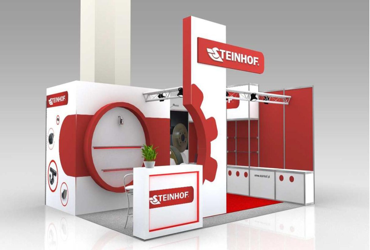 Wizualizacja stoiska targowego w kolorach biało-czerwonych z logo firmy Steinhof, oświetleniem punktowym i elementami dekoracyjnymi w kształcie koła i zębatki.