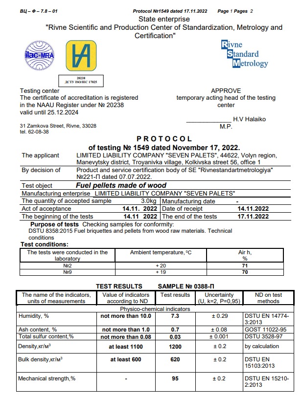 Protokół z badań laboratoryjnych pelletu drzewnego, zawierający wyniki analizy fizykochemicznej, w tym wilgotności, zawartości popiołu, siarki, gęstości i wytrzymałości mechanicznej, z pieczęciami...