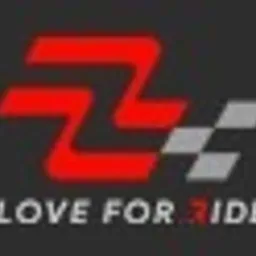 Logo z abstrakcyjnym motywem w kolorze czerwonym i szarym, z napisem 'LOVE FOR RIDE' poniżej.