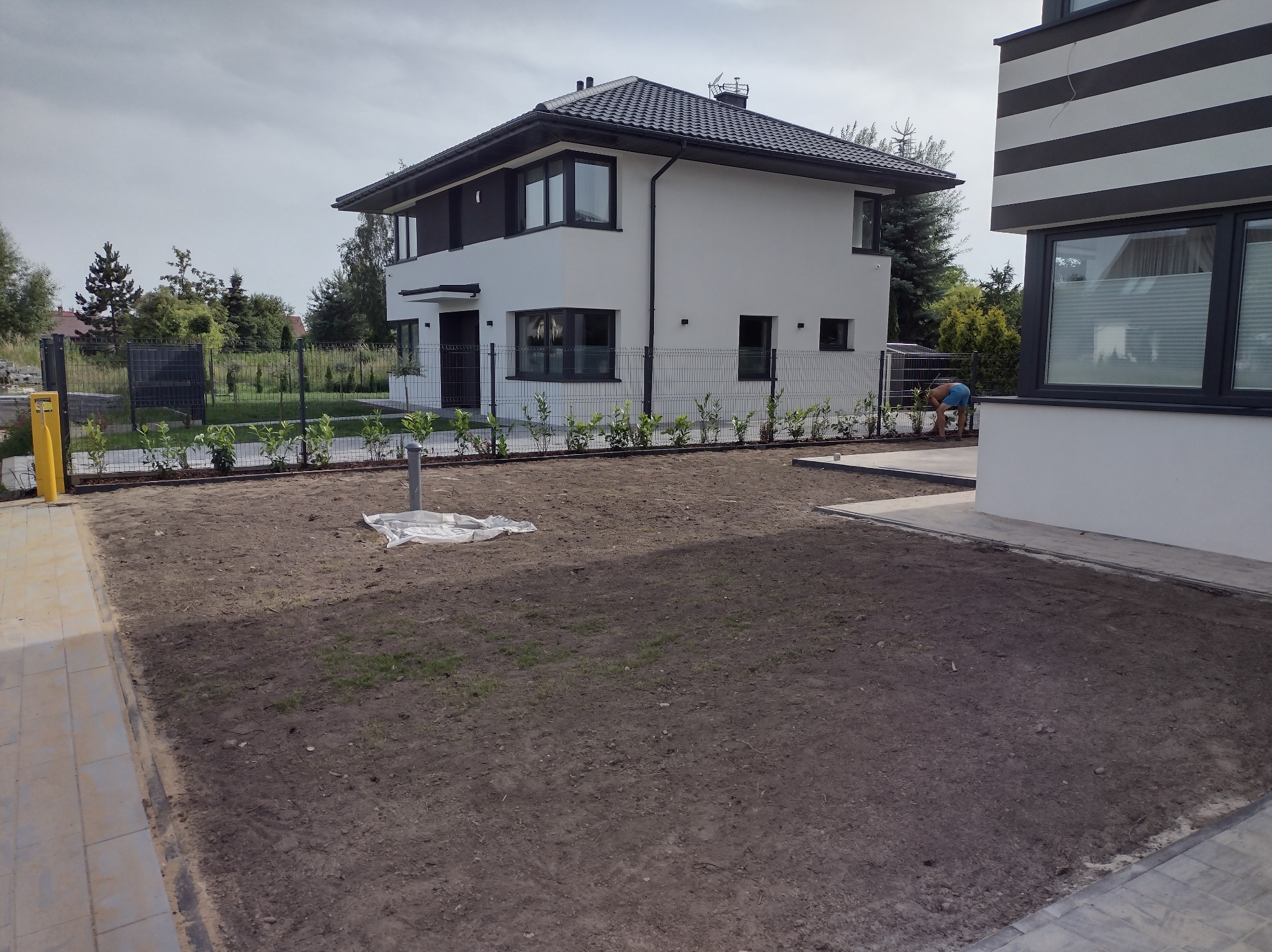 Przygotowanie terenu pod trawnik przed nowoczesnym domem z czarno-białą elewacją, widoczna osoba w trakcie pracy przy sadzeniu roślin wzdłuż ogrodzenia.