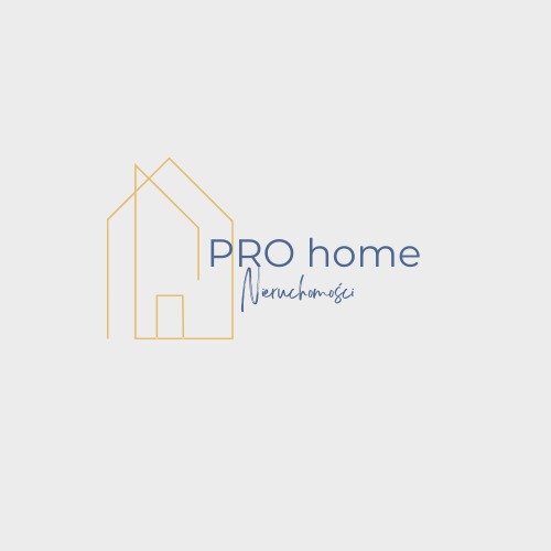 Minimalistyczne logo firmy 'PRO home Nieruchomości' przedstawiające kontur domu w kolorze złotym i nazwę firmy zapisaną w kolorze niebieskim na jasnoszarym tle.