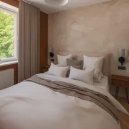 Elegancka sypialnia w beżach: łóżko z białą pościelą,  dekoracyjna ściana, lampy nocne i okno z widokiem na zieleń.  Przytulne i stylowe wnętrze.