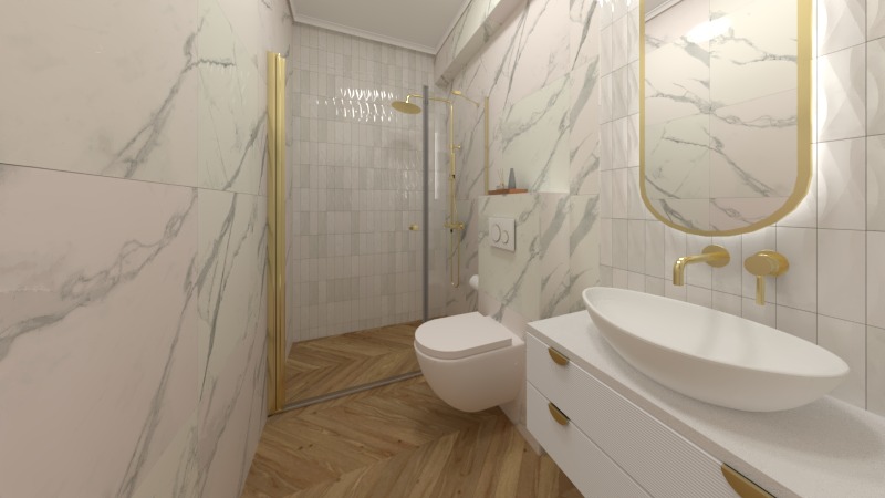 Nowoczesna łazienka z marmurowymi płytkami, złotymi akcentami i drewnianą podłogą w jodełkę. Umywalka nablatowa i kabina prysznicowa.