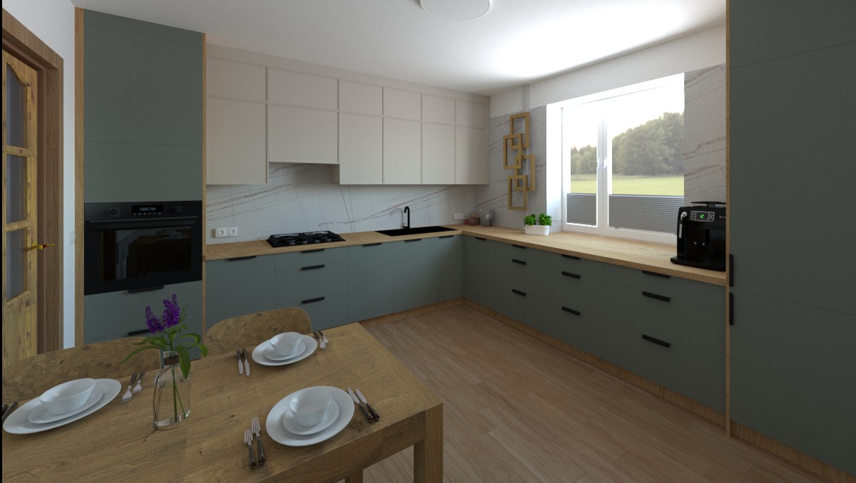 Nowoczesna kuchnia w odcieniach szarości z drewnianym blatem i stołem, nakrytym do obiadu. Minimalistyczne szafki, czarne uchwyty, ekspres do kawy przy oknie.