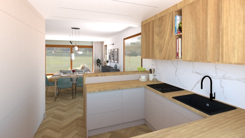 Wizualizacja jasnej kuchni z drewnianymi szafkami i marmurowym blatem, otwartej na salon z dużym oknem i parkietem w jodełkę. Czarny zlew i płyta grzewcza.