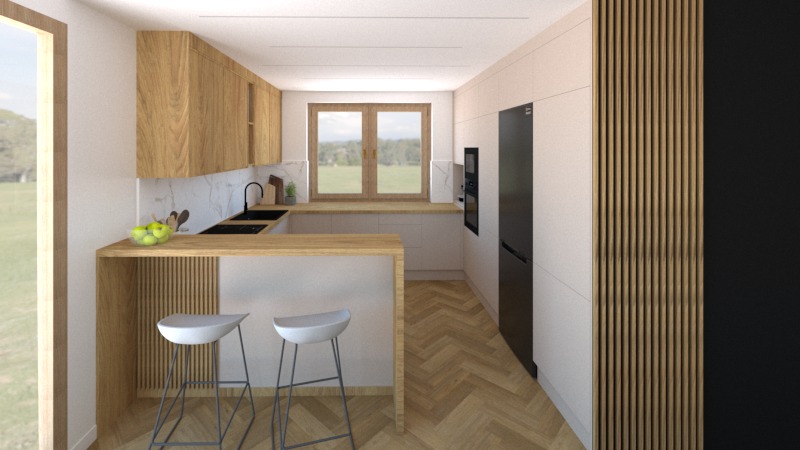Wizualizacja kuchni z drewnianymi szafkami, blatem i panelami dekoracyjnymi. Dwa białe hokery przy blacie, parkiet w jodełkę, okno z widokiem na zieleń.