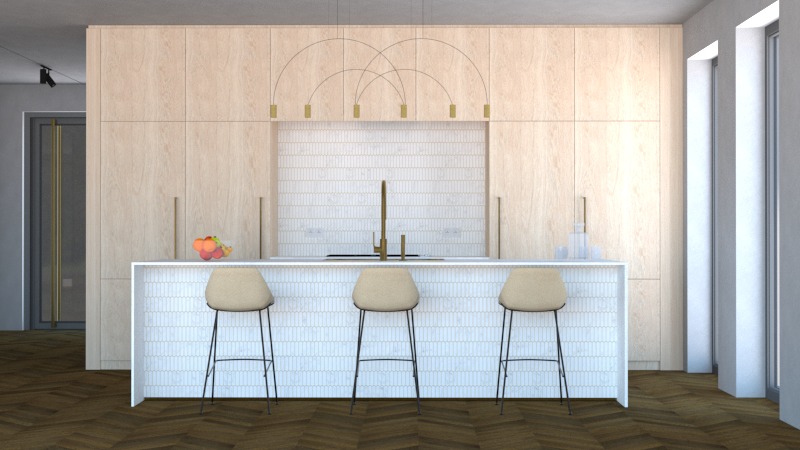 Wizualizacja kuchni: drewniane szafki, biała mozaika, złota armatura i lampa łukowa. Trzy beżowe hokery przy wyspie. Parkiet w jodełkę i minimalistyczne okna.