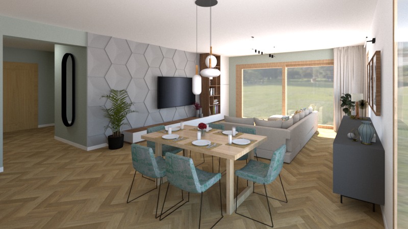 Wizualizacja salonu z jadalnią: drewniany parkiet w jodełkę, stół z nakryciem, krzesła w odcieniach turkusu, ściana z geometrycznym wzorem i TV. Jasne wnętrze z dużym oknem.