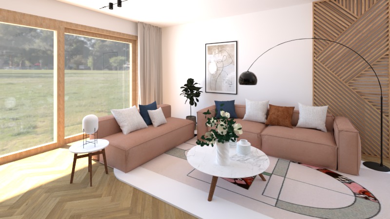 Nowoczesny salon w Nowej Suchej z narożną sofą w odcieniach różu, okrągłym stolikiem kawowym i dużym oknem z widokiem na zieleń. Minimalistyczny wystrój.