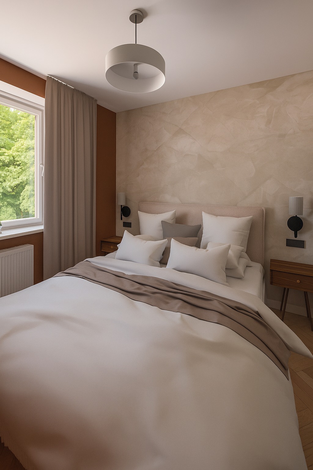 Elegancka sypialnia w beżach: łóżko z białą pościelą,  dekoracyjna ściana, lampy nocne i okno z widokiem na zieleń.  Przytulne i stylowe wnętrze.