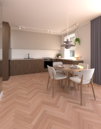 Jasna kuchnia z drewnianymi szafkami, parkietem w jodełkę i okrągłym stołem z krzesłami. Minimalistyczny design z wiszącą lampą i roślinami.