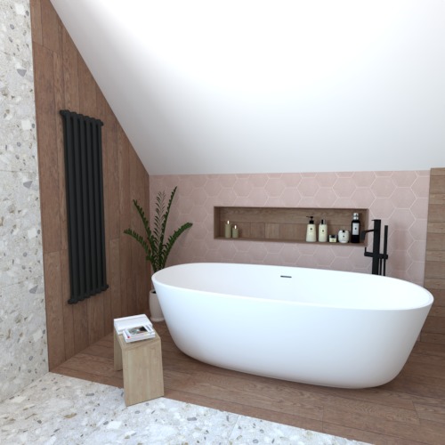 Nowoczesna łazienka na poddaszu: wolnostojąca wanna, różowe heksagonalne płytki, drewniane akcenty i czarny grzejnik. Minimalistyczny design z rośliną i półką na akcesoria.