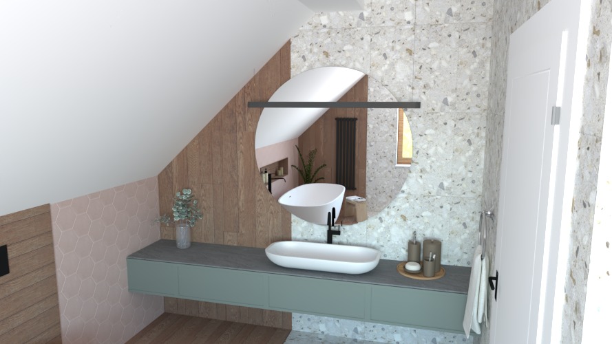 Nowoczesna łazienka na poddaszu z umywalką nablatową, okrągłym lustrem i drewnianymi panelami ściennymi. Wykończenie w stylu terrazzo i pastelowych kolorach.