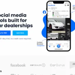 Aplikacja mobilna prezentująca narzędzia do zarządzania mediami społecznościowymi dla dealerów samochodowych, wyświetlająca interfejs Facebooka z ofertami sprzedaży samochodów.