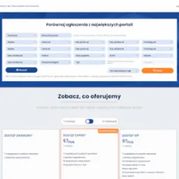 Interfejs strony internetowej z formularzem wyszukiwania ofert samochodów, z polami wyboru marki, modelu, ceny, roku produkcji i innych parametrów, oraz sekcją prezentującą pakiety dostępu...