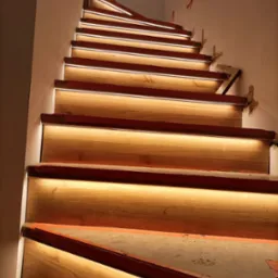 Drewniane schody z podświetleniem LED na każdym stopniu, zabezpieczone pomarańczową taśmą malarską, w trakcie montażu wewnątrz budynku.