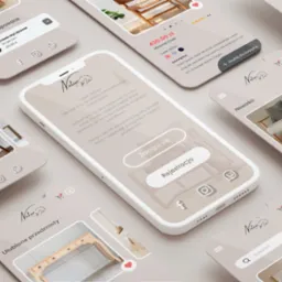Makieta strony internetowej sklepu meblowego na kilku smartfonach, prezentująca interfejs użytkownika z ofertą krzeseł i komód w minimalistycznym stylu, z logo firmy NaturMeble.
