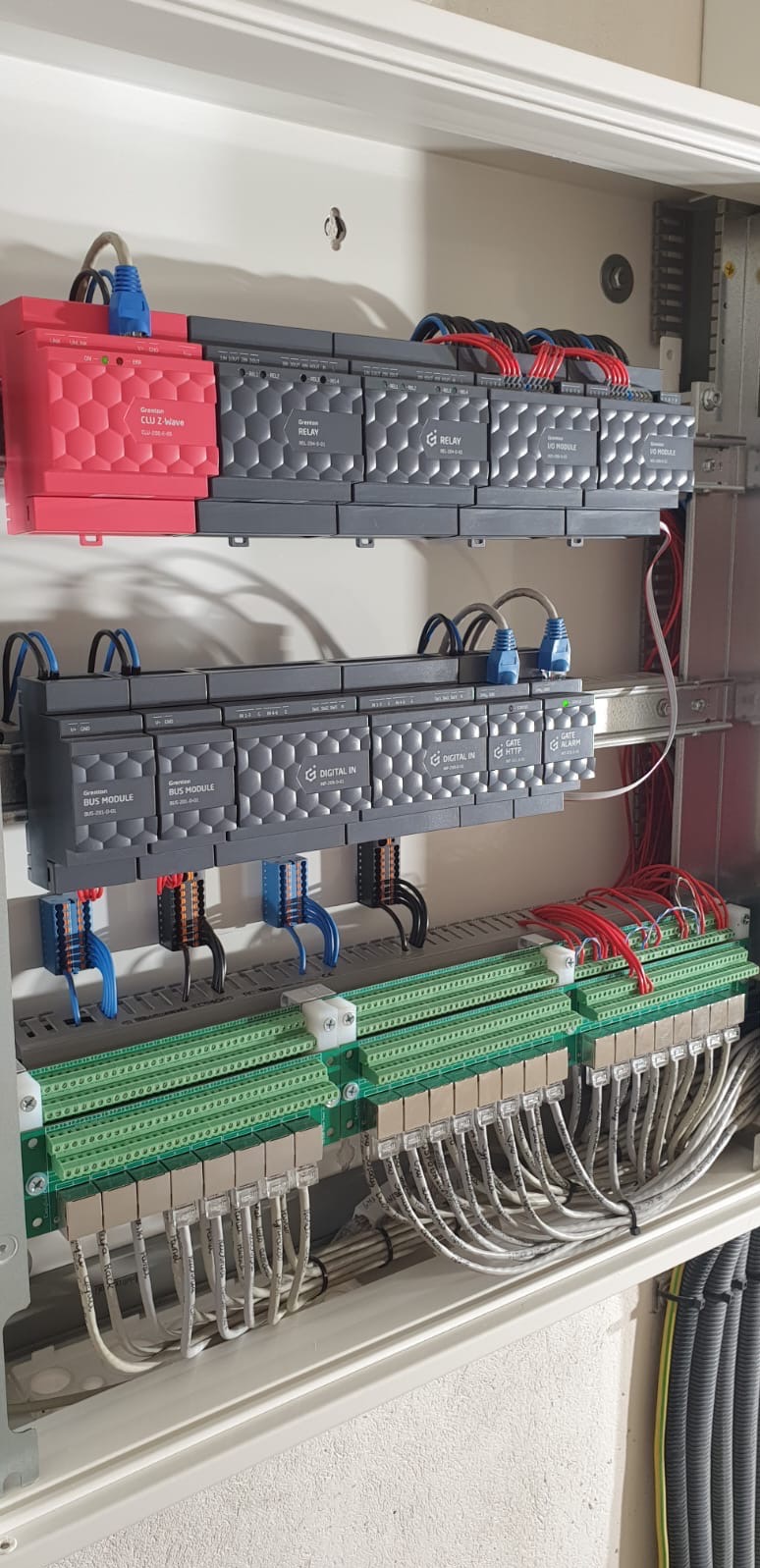 Rozdzielnica elektryczna z modułami sterującymi i złączami, widoczne kable i przewody w kolorach: czerwonym, niebieskim, czarnym i białym. Układ automatyki w szafie.