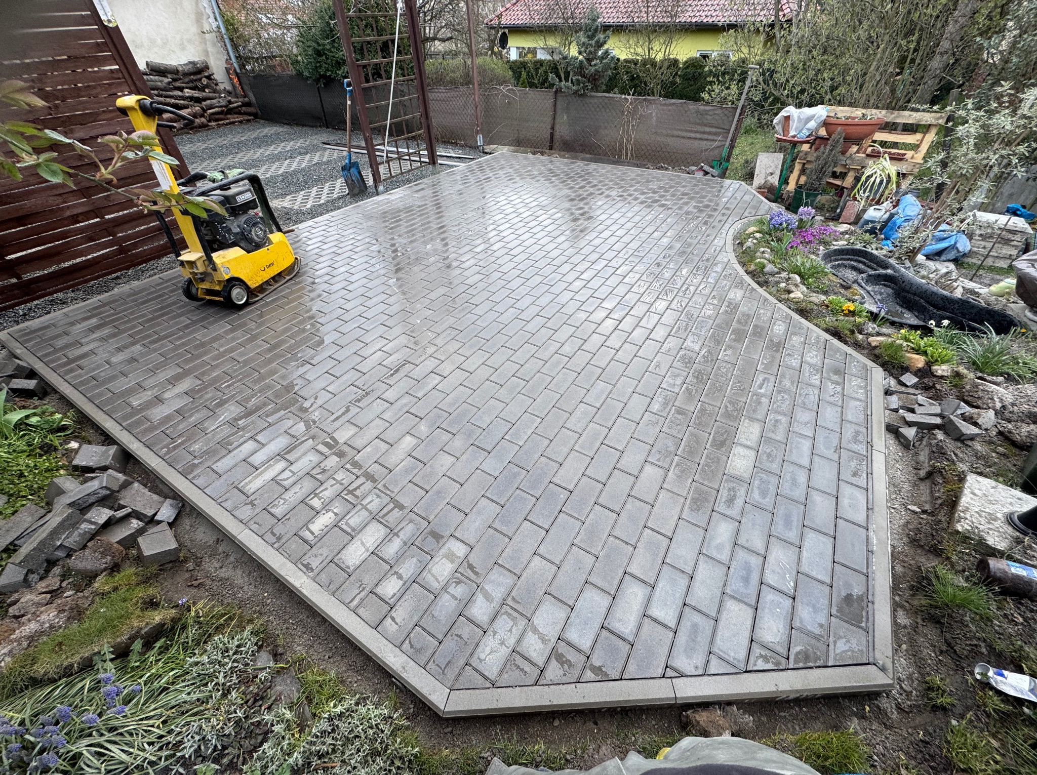 Świeżo ułożona, szara kostka brukowa na posesji, z żółtą zagęszczarką w rogu. Widoczne obrzeża i fragmenty ogrodu z roślinami. Po deszczu, mokra nawierzchnia.