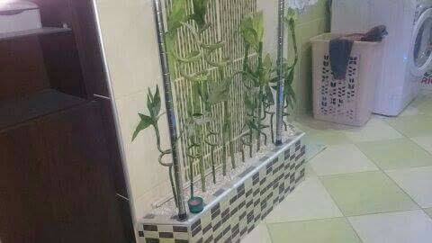 Dekoracyjna ścianka z bambusami i metalowymi rurkami w łazience z pralką i koszem na pranie w tle.