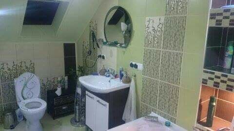 Ukończona łazienka na poddaszu z toaletą z motywem roślinnym, owalnym lustrem i kombinacją płytek w odcieniach zieleni i brązu.