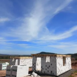 Wznoszenie ścian z betonu komórkowego H+H na fundamencie; widoczne palety z materiałem budowlanym, drewniane nadproża okienne i drzwiowe, oraz malowniczy krajobraz w tle.