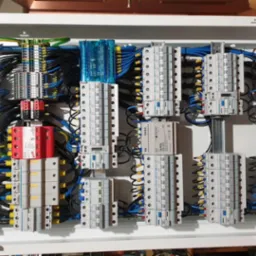 Rozdzielnia elektryczna w białej obudowie z widocznymi bezpiecznikami, przewodami w kolorach żółtym, niebieskim i czarnym, oraz listwami zaciskowymi, zainstalowana wewnątrz budynku.