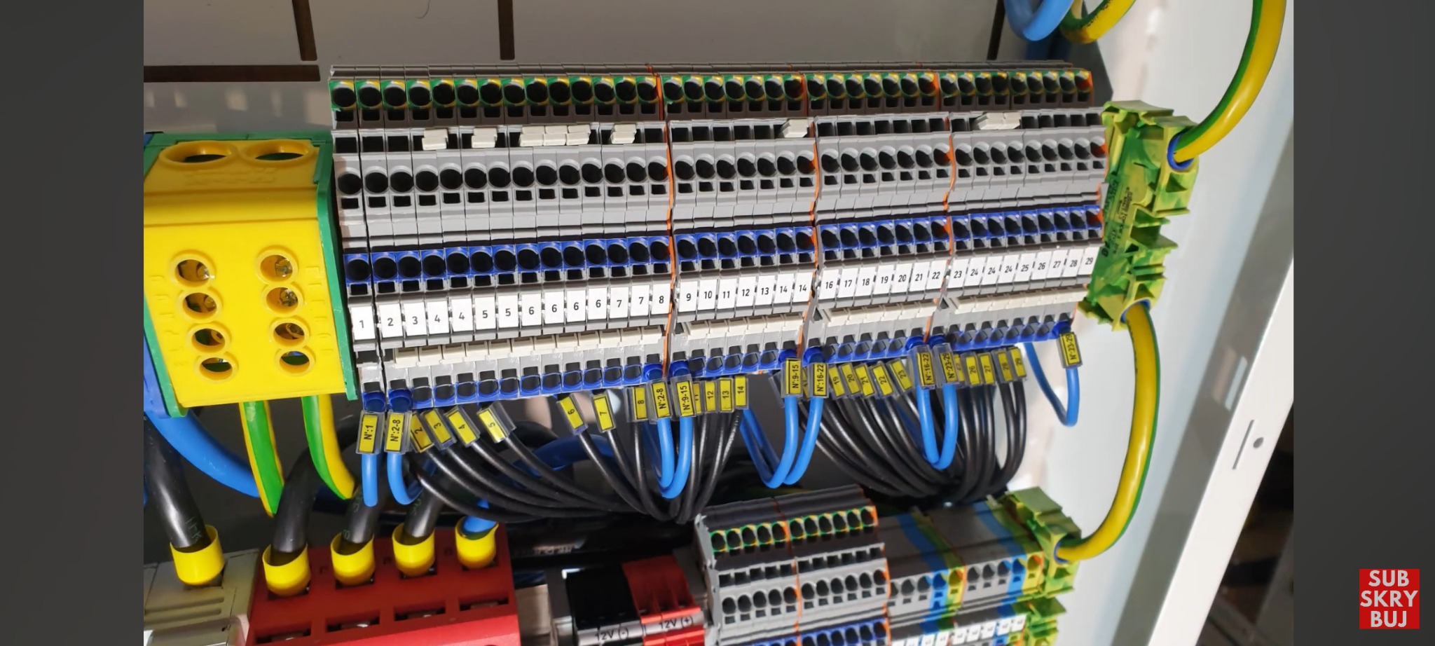 Szczegółowy widok skrzynki elektrycznej z podłączonymi przewodami oznaczonymi numerami, widoczne zaciski i listwy przyłączeniowe w różnych kolorach, ułożone w rzędach.
