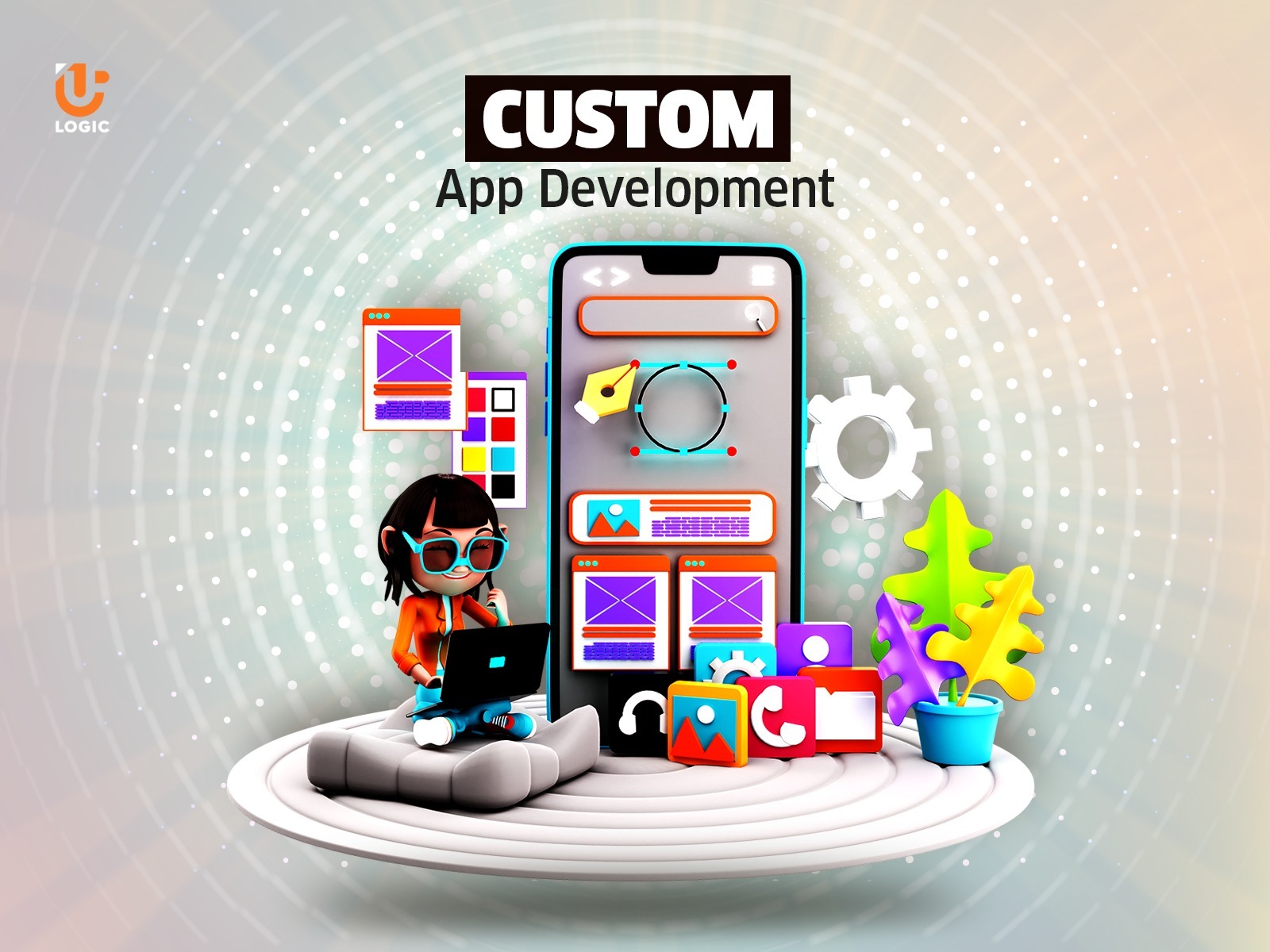 Kreskówkowa postać projektantki aplikacji pracuje na laptopie obok interfejsu smartfona z ikonami aplikacji i narzędziem do projektowania graficznego, na tle abstrakcyjnego wzoru.