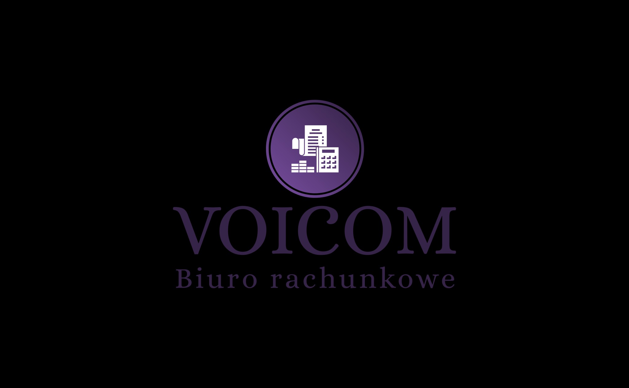 Logo firmy VOICOM Biuro rachunkowe z symbolem dokumentów i kalkulatora w okręgu na czarnym tle.