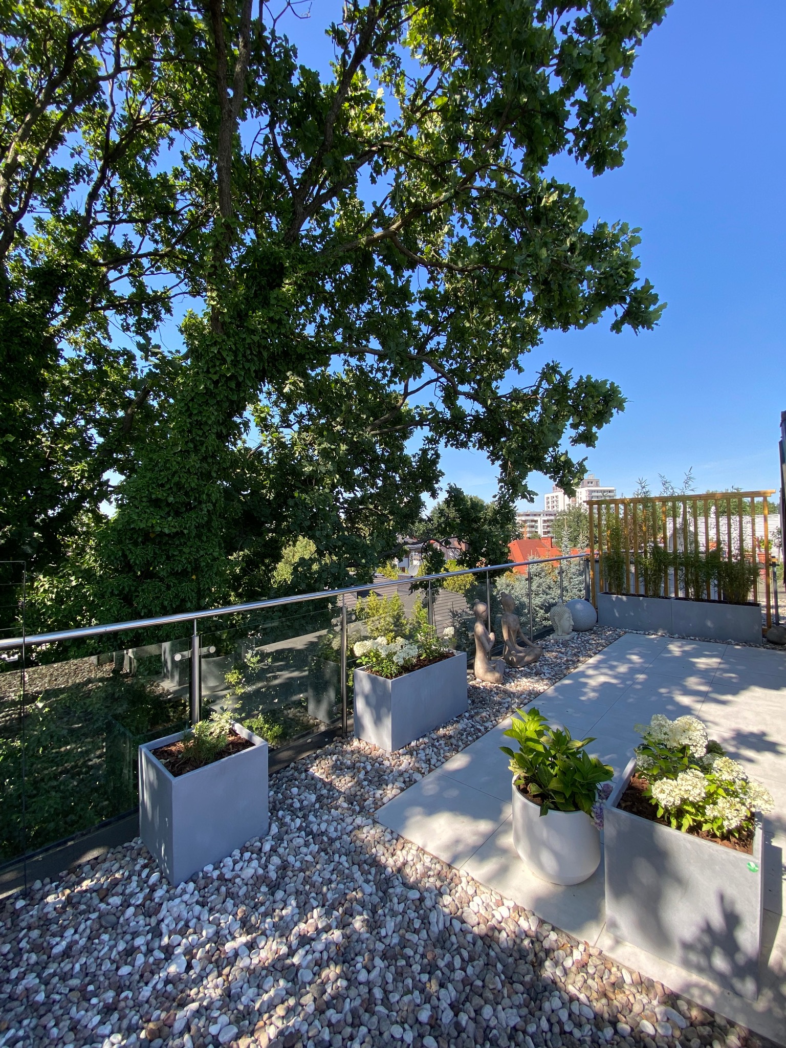 Nowoczesny taras na dachu z szarymi płytkami, białymi kamykami, roślinami w donicach, szklaną balustradą i widokiem na zieleń drzew oraz budynki w tle.