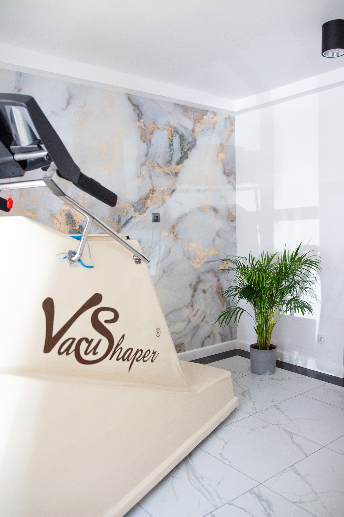 Vacu Shaper, urządzenie do ćwiczeń kardio w salonie kosmetycznym, z marmurową ścianą i rośliną doniczkową.