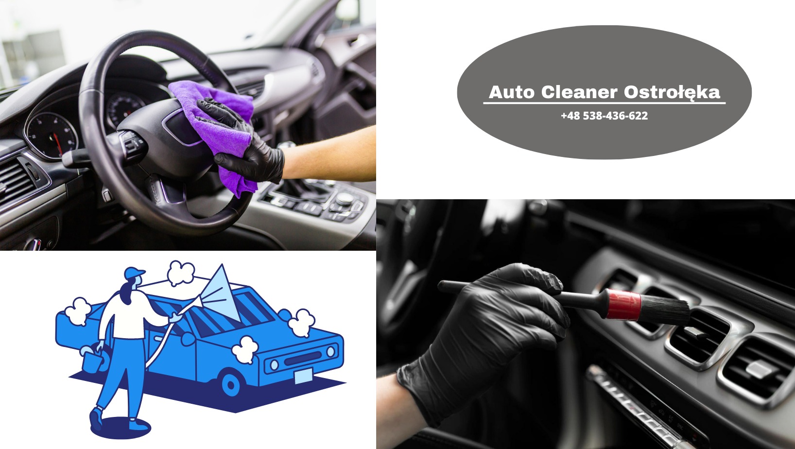 Czyszczenie wnętrza samochodu: skórzana kierownica przecierana fioletową ściereczką przez osobę w czarnych rękawiczkach, detale deski rozdzielczej czyszczone pędzelkiem, grafika osoby myjącej auto,...